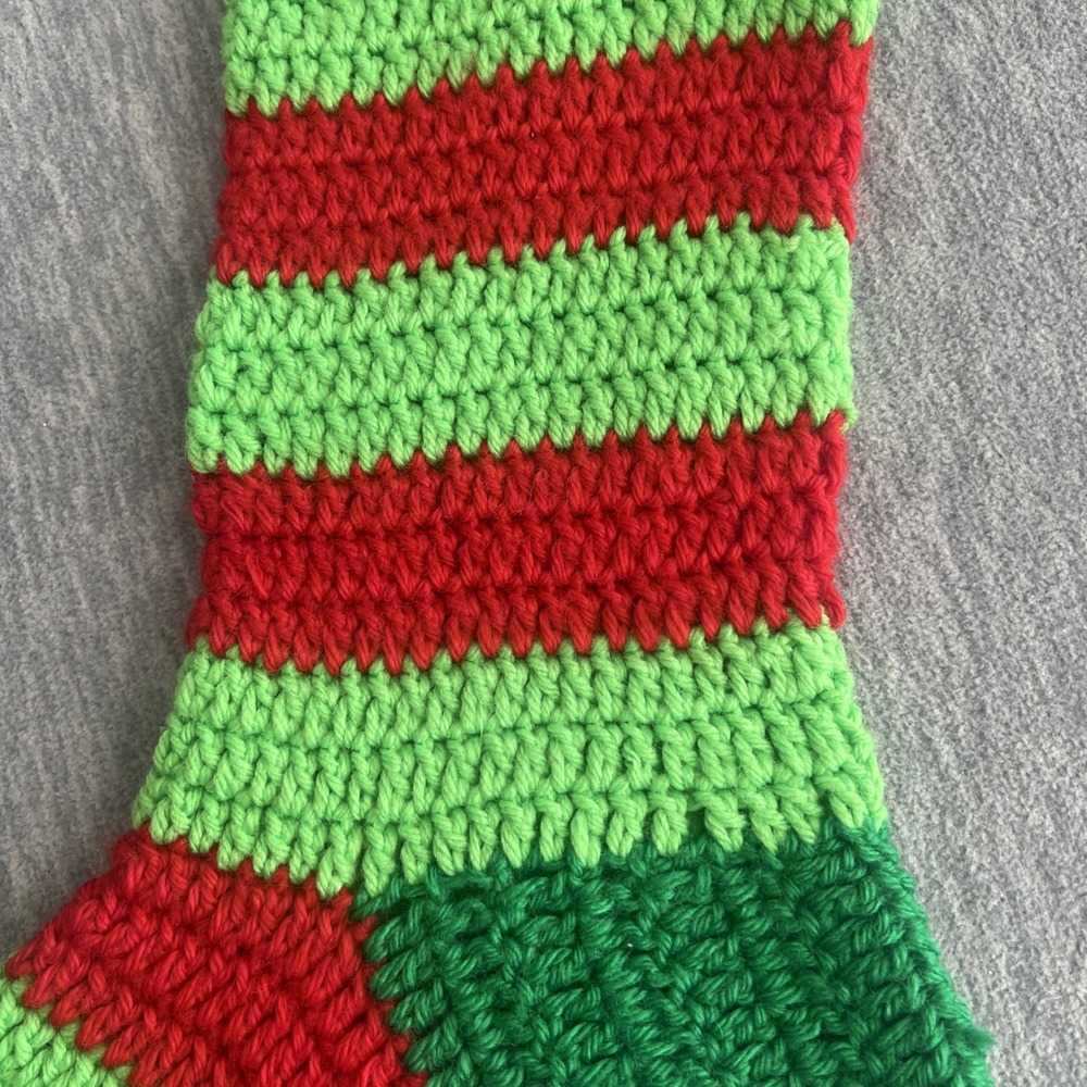 Crochet Christmas Striped Stocking Handmade Red Green Grannycore Vintage 17" EUC - Picture 8 of 12